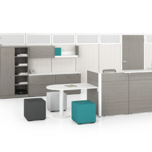 Reception with Panels, Modular Storage, and Guest Seating